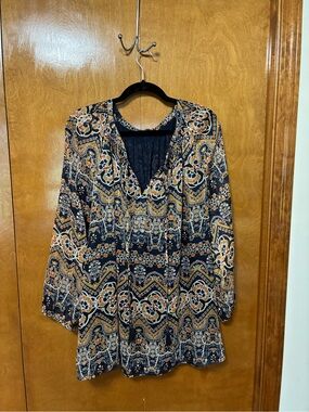 Daniel Rainn Navy Floral-Print Boho V-Neck Tunic with Mustard Accents